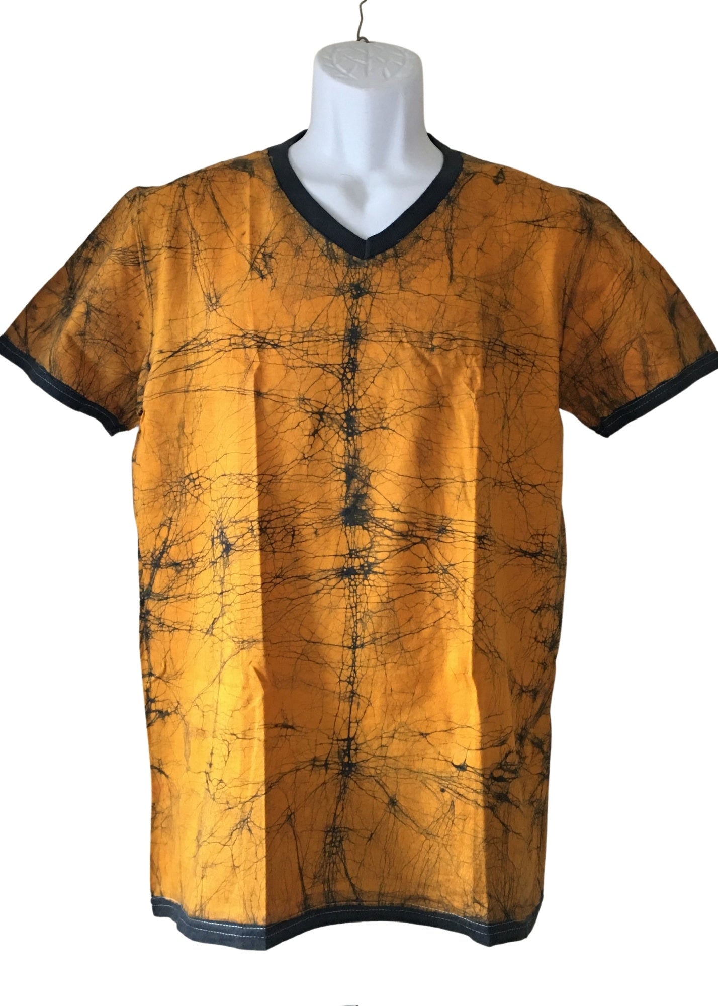 Gold and Green V neck Short Sleeves Batik T-shirt with Adinkra symbols | Contemporary and Colorful Ensemble