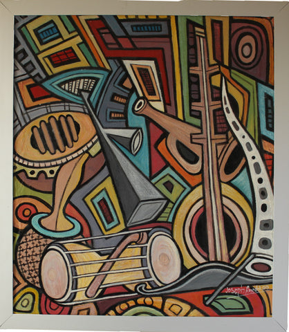 Silver framed Oil painting "Musical Instruments" - Contemporary and Colorful Ensemble-African apparel and accessories