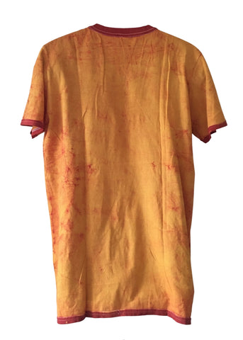 Orange V neck Short Sleeves Batik T-shirt with Adinkra symbols | Contemporary and Colorful Ensemble