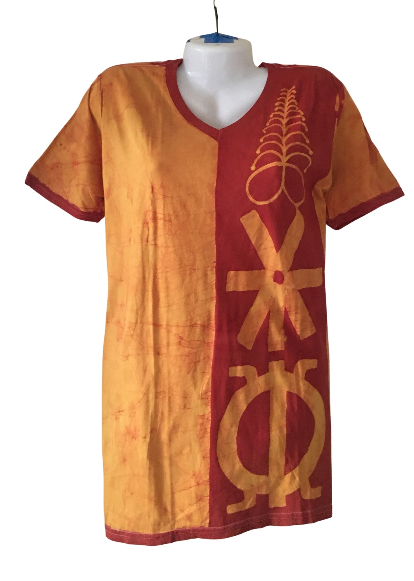 Orange V neck T-shirt with Adinkra Symbols | Contemporary and Colorful Ensemble