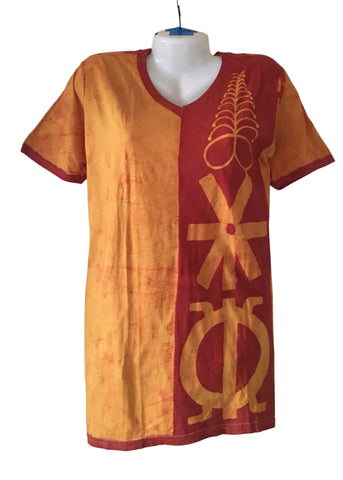 Orange V neck T-shirt with Adinkra Symbols | Contemporary and Colorful Ensemble